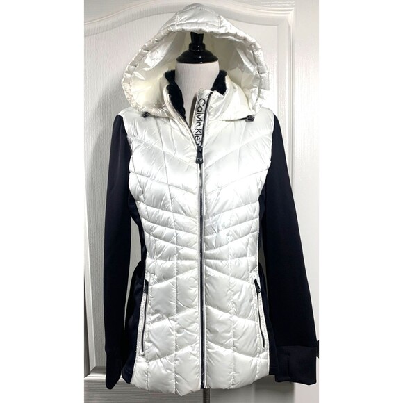Calvin Klein Performance Repel White Puffer Jacket Black Sleeves Hooded Size L - Picture 1 of 13